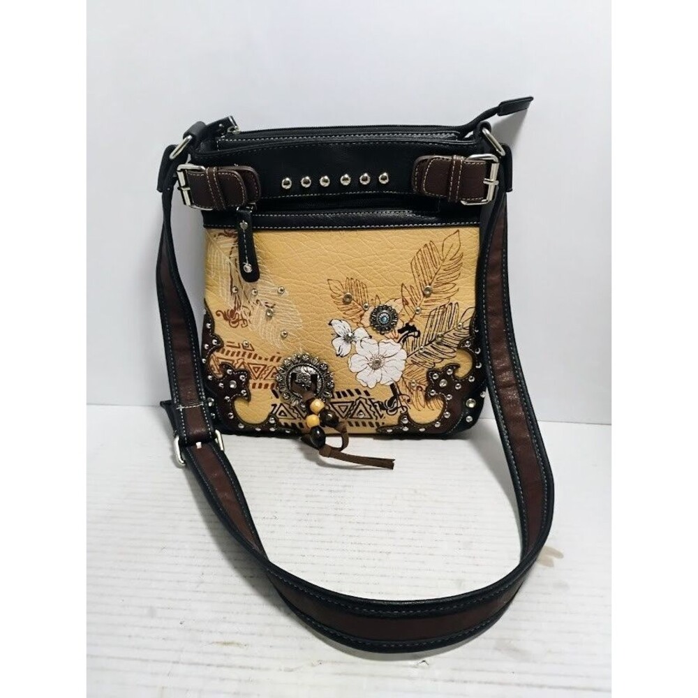 WESTERN STYLE BEIGE & BROWN FAUX LEATHER CROSSBODY PURSE BAG W FLORAL EMBOSSING